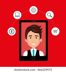 black smartphone with a cartoon man in the screen and money,world map,shopping cart and lens symbols above over a red background vector illustration