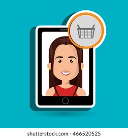 black smartphone with a cartoon woman in the screen wearing a red shirt and a shopping basket above over a white background vector illustration 
