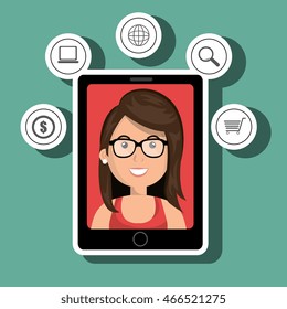 black smartphone with a cartoon woman in the screen with money,laptop,world map,lens and shopping cart above her over a red background vector illustration