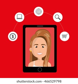 black smartphone with a cartoon woman in the screen with money,laptop,world map,lens and shopping cart above her over a red background vector illustration