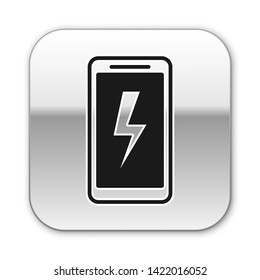 Black Smartphone charging battery icon isolated on white background. Phone with a low battery charge. Silver square button. Vector Illustration