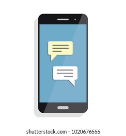 Black smartphone with chatting screen. Messenger application. Text messaging flat design concept