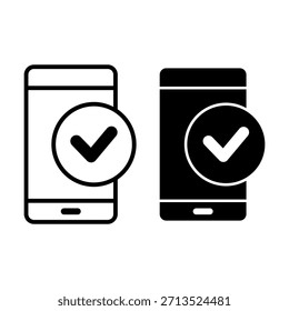 Ícone de verificação do smartphone preto simbolizando ações aprovadas, confirmações e tarefas concluídas em interfaces digitais e móveis.