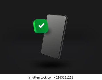 Black smartphone with checkmark icon. 3d vector illustration
