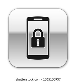 Black Smartphone with closed padlock icon isolated on white background. Phone with lock. Mobile security, safety, protection concept. Silver square button. Vector Illustration