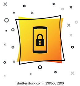 Black Smartphone with closed padlock icon isolated on white background. Phone with lock. Mobile security, safety, protection concept. Yellow square button. Vector Illustration