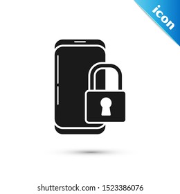 Black Smartphone with closed padlock icon isolated on white background. Phone with lock. Mobile security, safety, protection concept.  Vector Illustration
