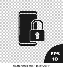 Black Smartphone with closed padlock icon isolated on transparent background. Phone with lock. Mobile security, safety, protection concept.  Vector Illustration