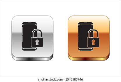 Black Smartphone with closed padlock icon isolated on white background. Phone with lock. Mobile security, safety, protection concept. Silver-gold square button. Vector Illustration