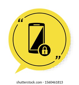 Black Smartphone with closed padlock icon isolated on white background. Phone with lock. Mobile security, safety, protection concept. Yellow speech bubble symbol. Vector Illustration