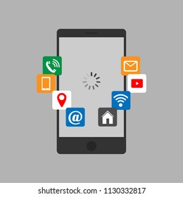 Black Smartphone with cloud of application icons and Apps icons flying around them.