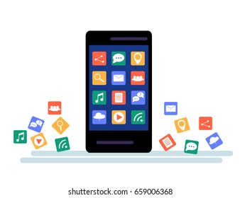 Black Smartphone with cloud of application icons and  Apps icons flying around them, isolated on White background. Flat Illustration