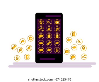 Black Smartphone with cloud of application icons and  Apps icons flying around them, isolated on White background. Flat Illustration