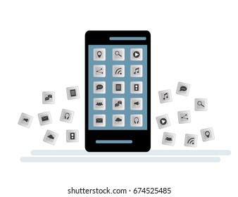 Black Smartphone with cloud of application icons and  Apps icons flying around them, isolated on White background. Flat Illustration