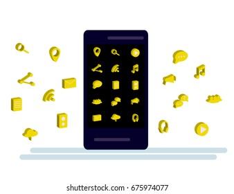 Black Smartphone with cloud of application icons and  Apps icons flying around them, isolated on White background. Flat Illustration