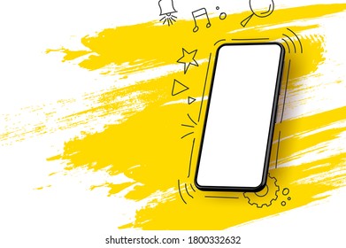 Black smartphone with cloud of application outline icons. Vector template design cover book, flyer, poster.