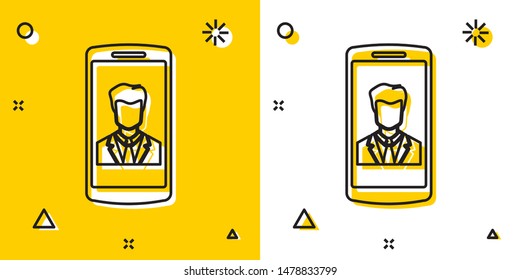 Black Smartphone with contact on screen icon isolated on yellow and white background. Incoming call. Human on phone screen. Call contact. Random dynamic shapes. Vector Illustration