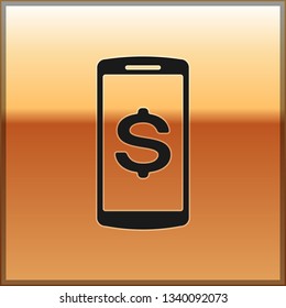 Black Smartphone with dollar symbol icon isolated on gold background. Online shopping concept. Financial mobile phone icon. Online payment icon. Vector Illustration