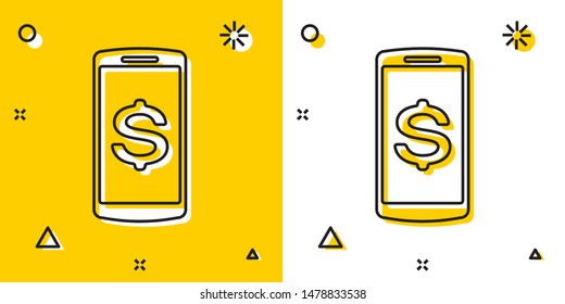 Black Smartphone with dollar symbol icon isolated on yellow and white background. Online shopping concept. Financial mobile phone icon. Online payment. Random dynamic shapes. Vector Illustration