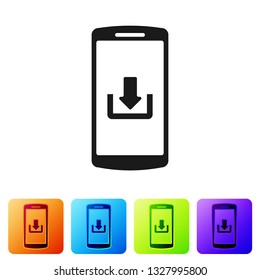 Black Smartphone with download icon isolated on white background. Set icon in color square buttons. Vector Illustration