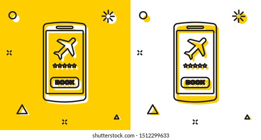 Black Smartphone with electronic boarding pass airline ticket icon isolated on yellow and white background. Passenger plane mobile ticket for web and app. Random dynamic shapes. Vector Illustration