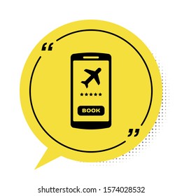 Black Smartphone with electronic boarding pass airline ticket icon isolated on white background. Passenger plane mobile ticket for web and app. Yellow speech bubble symbol. Vector Illustration