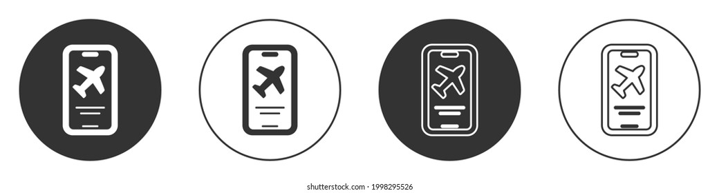 Schwarzes Smartphone mit elektronischem Bordkarte Flugticket Symbol einzeln auf weißem Hintergrund. Passagierflugticket für Web und App. Circle Button. Vektorgrafik