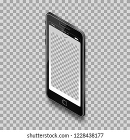 Black smartphone with empty screen on transparent background. Template for any application design and backdrop, phone template.  Isometric projection. Vector.