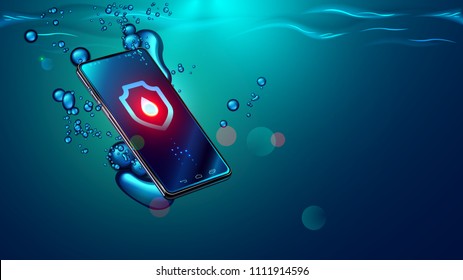 Black smartphone fall in water. Mobile smart phone with touch screen sinks underwater surface. Electronic waterproof or water resistance phone falling and dive in sea with bubbles. Icon waterproof shi