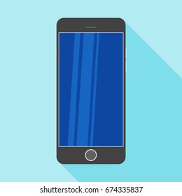 Black smartphone flat design with long shadow. Smartphone flat icon with blank display. Modern Smartphone symbol. Black mobile smartphone flat design. Vector icon of phone. Vector mobile phone