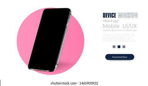 Black smartphone frame black blank screen, rotated position. 3d isometric illustration cell phone. Smartphone perspective view. Template for infographics or presentation. Against the rose circle.