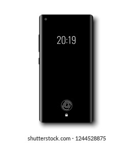 Black smartphone with frameless display, fingerprint scanner and front camera integrated into the screen. Vector illustration.