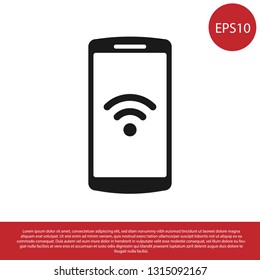 Black Smartphone with free wi-fi wireless connection icon on white background. Wireless technology, wi-fi connection, wireless network, hotspot concepts. Vector Illustration