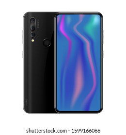 Black smartphone front and back view on isolated background, phone with camera and fingerprint, realistic vector illustration