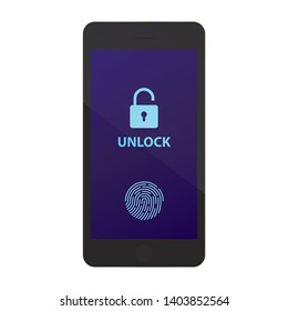 Black smartphone front view with lock and fingerprint on screen. Smartphone with fingerprint security vector eps10. Security password lock smartphone icon.