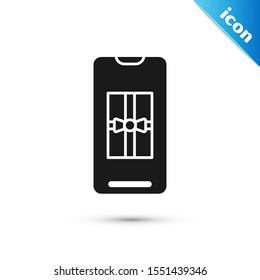 Black Smartphone with gift box on the screen icon isolated on white background. Merry Christmas and Happy New Year.  Vector Illustration