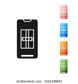 Black Smartphone with gift box on the screen icon isolated on white background. Merry Christmas and Happy New Year. Set icons colorful. Vector Illustration