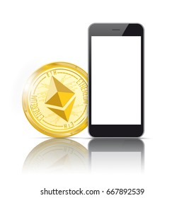 Black smartphone with golden ethereum and shadows on the white background. 