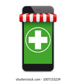 Black smartphone with green screen, red margquee and white cross. Eps 10 vector file.