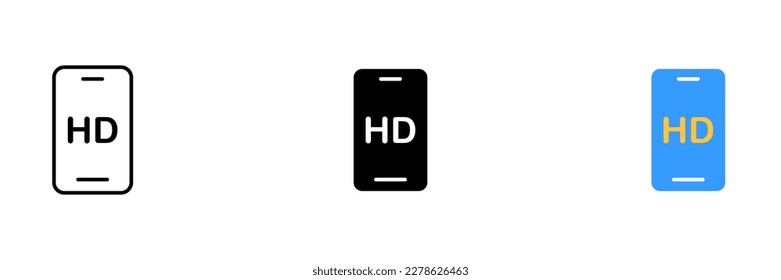 A black smartphone with an HD icon displayed on the screen. This icon indicates high definition display capabilities. Vector set of icons in line, black and colorful styles isolated.