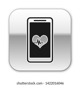 Black Smartphone with heart rate monitor function icon isolated on white background. Silver square button. Vector Illustration