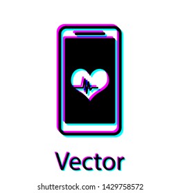 Black Smartphone with heart rate monitor function icon isolated on white background. Vector Illustration