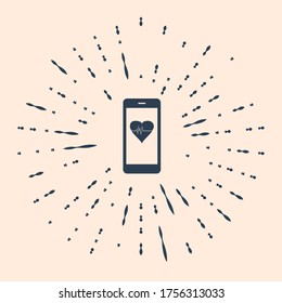Black Smartphone with heart rate monitor function icon isolated on beige background. Abstract circle random dots. Vector Illustration