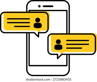 Icono negro del smartphone con las burbujas del chat y el acento amarillo sin fondo