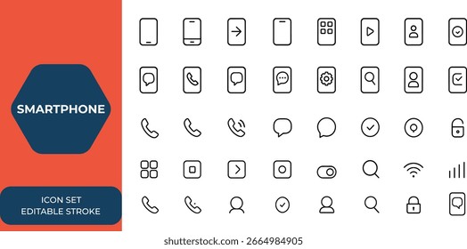 Conjunto de iconos de smartphone negro, Plantilla de Vector de teléfono móvil simple, diseño blanco y negro limpio, ilustración de dispositivo digital moderno, símbolos de interfaz de teléfono, iconos de interfaz de usuario de gadget y más.