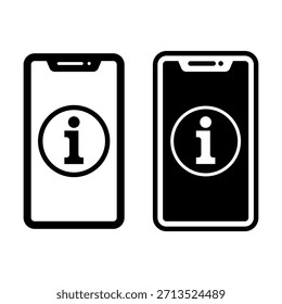 Icono negro de información del teléfono inteligente que representa información, orientación y funciones de ayuda para App y componentes de interfaz móvil.