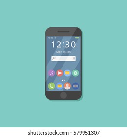 Black smartphone isolated on background. Mobile phone with user interface on screen. Modern smart device. Flat style icon. Vector illustration.