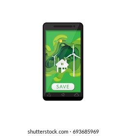 Black smartphone isolated on white background.With environment conservation concept and nature paper art background.Vector illustration.