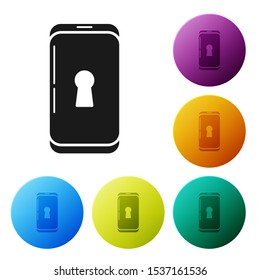 Black Smartphone with lock icon isolated on white background. Phone with lock. Mobile security, safety, protection concept. Set icons colorful circle buttons. Vector Illustration