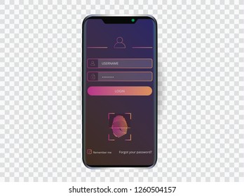 Black smartphone with login user interface. Sign in web element template window via fingerprint scanning Identification System. UI, UX and GUI Screens.